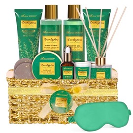Cestas de regalo para mujeres, regalos de spa para mujeres, kit de spa casero de eucalipto de 13 piezas con sales corporales, baño de burbujas,
