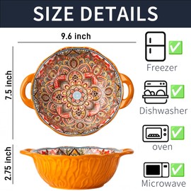 Bohemia Large Bowls with Handle, 40 oz Ceramic Soup Bowl for Salad, Pasta, Cereal,Fruit, Udon, Microwave & Dishwasher Safe (Orange)