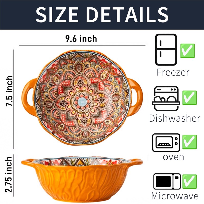 Bohemia Large Bowls with Handle, 40 oz Ceramic Soup Bowl
