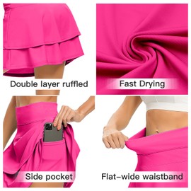 WOWENY Women's Athletic Pleated Tennis Skirt Ladies Active Layered Skort with Pocket Running Golf Skirt with Ruffle for Workout Sports Pickleball(2-Layer Hot Pink,M)