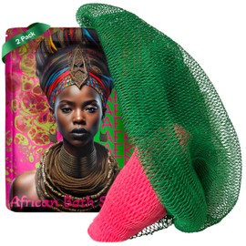 AFRIKI African Net Sponge – Exfoliating Body Scrubber, Black Owned & Rooted in Africa, All Skin Types | 45 in Long (Pink & Green)
