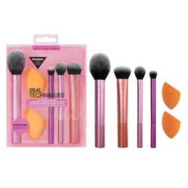 Real Techniques 6-Piece Daily Essentials Makeup Brush Set with 4 Brushes and 2 Sponges Foundation Blusher Bronzer Contour Shadow Powder Travel Gift Cruel-Free Products Included Everyday Essentials 6PC / 리얼 테크닉 6피스 데일리 에센셜 메이크업 브러시 세트 4개와 스펀지 2개 파운데이션 블러셔