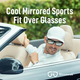 Bloomoak Polarised Sunglasses Overgoggles for Glasses Wearers Men Women Over Goggles Unisex Glasses with UV400 Protection, Fit-Over Polarising Glasses for Driving Fishing Golf (Black), Silver Mirrored