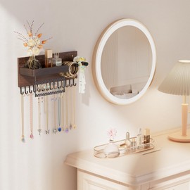 Lolalet Wall Mounted Hanging Jewelry Organizer, 15 Hooks Wooden Necklaces Holder with Storage Shelf, Easy Install Earrings Bracelets Hanger -Brown