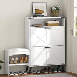 Loomie Shoe Cabinet with 2 Flip Drawers, Freestanding Tipping Bucket Shoe Rack Organizer with Top Cubby & Bench, Farmhouse Narrow Slim Hidden Shoe Storage Cabinet for Entryway, Hallway,Bedroom (White)