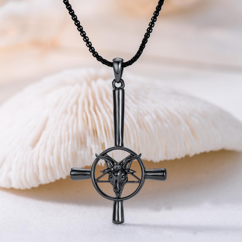 MEIDERBO Satan Baphomet Necklace 925 Sterling Silver Satanic Goat Head
