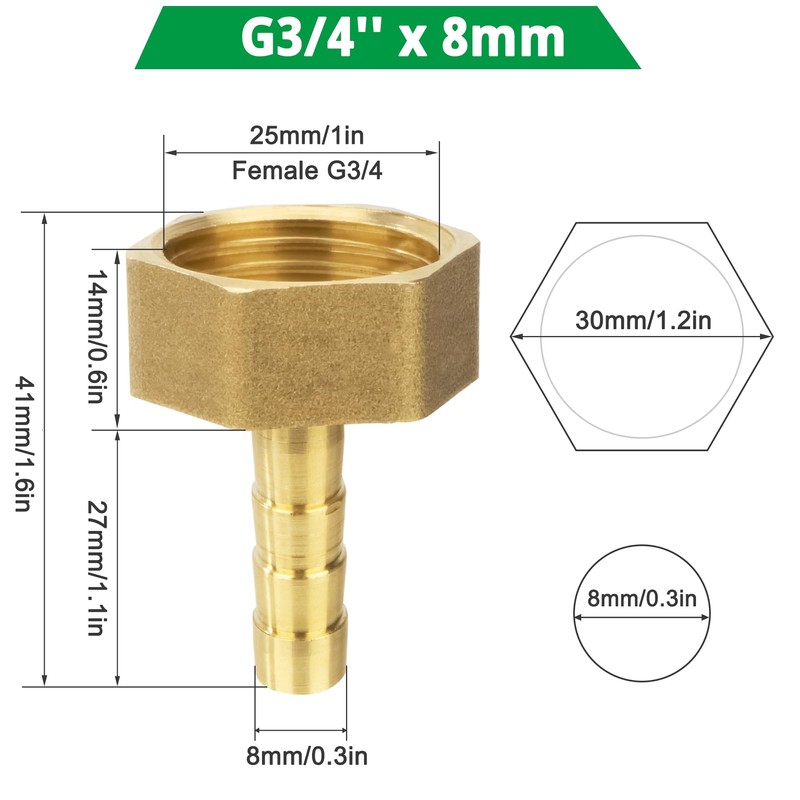 Brass Pipe Adapter, 12 Pieces 8 mm Barb x 3/4
