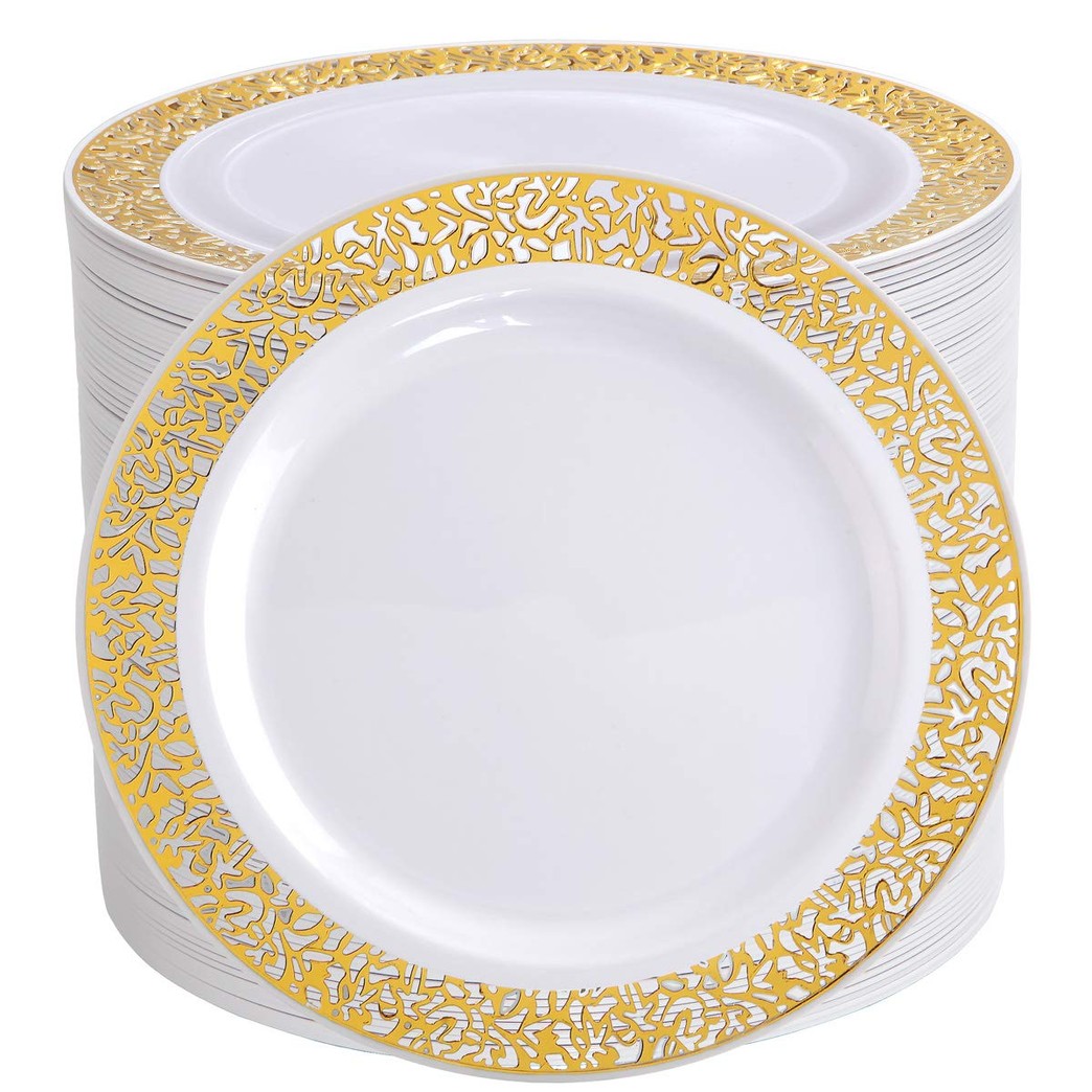 I00000 102 Pieces Gold Lunch Plates, 9” Plastic Dinner Plates with Lace Design, Disposable Gold Dinner Plates