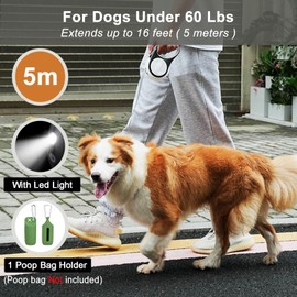 16ft Retractable Dog Leash with Light and Poop Bag Holder, Walking Dog Leash Retractable for Small Medium Dogs, Rechargeable Puppy Retractable Leash with Led Flashlight for Pet up to 60 Lbs, No Tangle