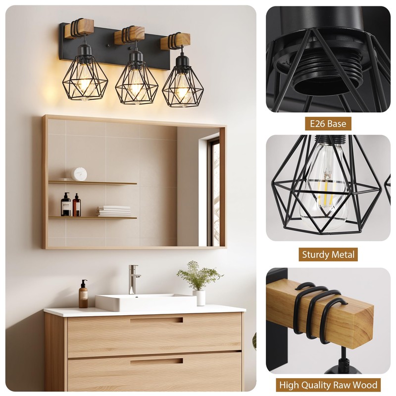 Farmhouse Vanity Light for Bathroom, 3-Light Wood Bathroom Vanity Light