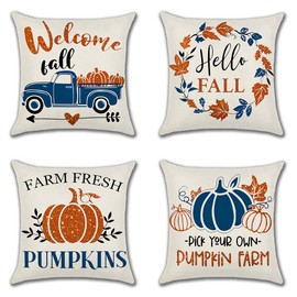 JOTOM Fall Throw Pillow Covers 18x18 Inch Autumn Cushion Covers 45x45cm Maple Leaf Truck Thanksgiving Decorations Harvest Pumpkin Farmhouse Pillowcases for Sofa Couch Bed Outdoor Decor Set of 4 (Fall)