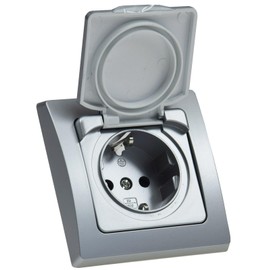 DELPHI Socket IP44 with Protection Lid Flush-Mounted Wet Room Rubber Seal Grey Silver