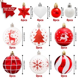 Aitsite 38 Pcs Christmas Baubles, Red and White Shatterproof Xmas Baubles Christmas Tree Decorations Large Christmas Balls Ornaments Hanging Christmas Decorations for Xmas Holiday Party Home