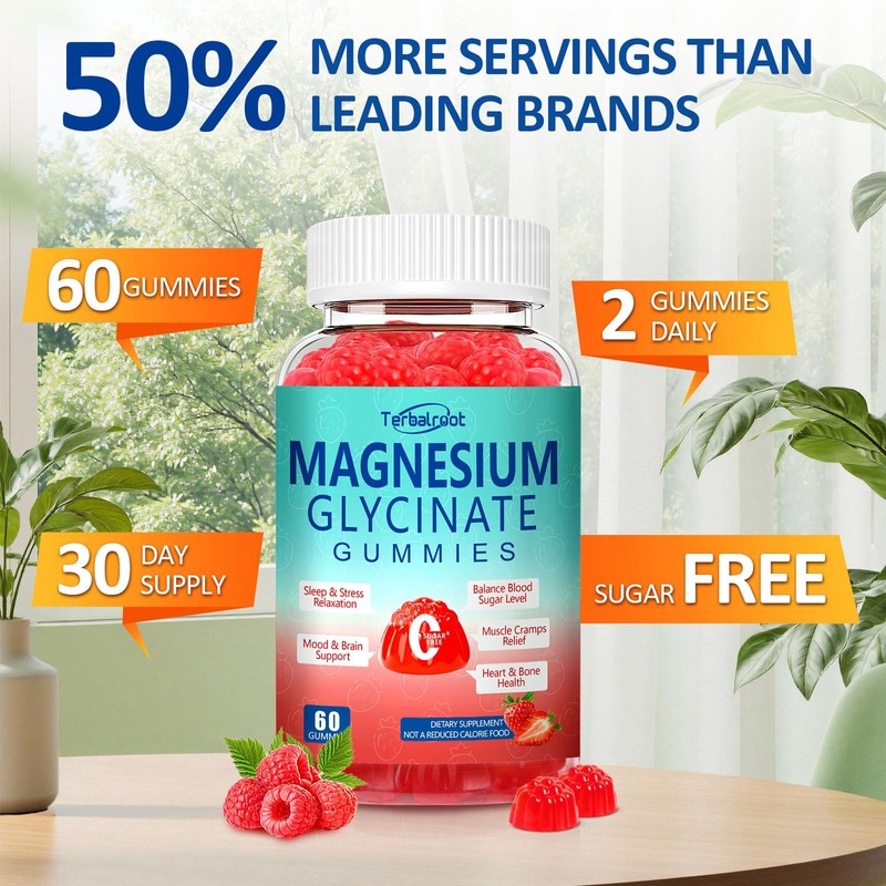 Natural Magnesium Glycinate Gummies 400mg, Sugar Free Magnesium Gummies for