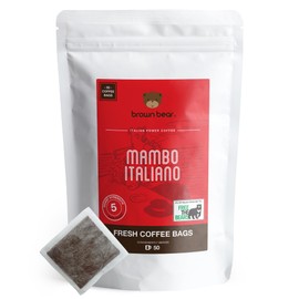 Strong Dark Roast Coffee Bags - Pack of 50 - Brown Bear Mambo Italiano Strong Espresso Blend - Strength 5 - Donation to Free The Bears - Individual Arabica Ground Coffee Bags Like Tea Bags