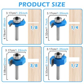 4Pcs Rabbet Router Bit,1/4 Inch Shank Rabbet Router Bits with 6 Bearings Set(1/16",1/8",3/16",1/4",5/16",3/8" Bearings) for Wood Grooving,Interchangeable Bearings with 1/2" to 1/4" Router Collet