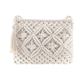 White Crochet Crossbody Bag for Women Small Handbag Handmade Woven Envelope Wallet Clutch Purse Boho Shoulder Bag with Zip