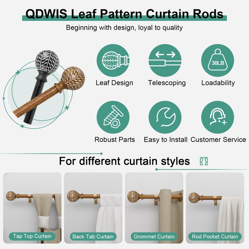 QDWIS Wood Curtain Rods for Windows 72 to 144 Inch,1''