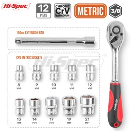 Hi-Spec 12pc Metric Socket Set with Ratchet Wrench & Extension Bar - 3/8" Drive, 8-21mm for Home DIY and Car Garage Mechanic - Rust Resistant Chrome Electroplating