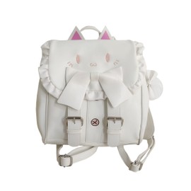 Lolita Backpack for Women Kawaii Cat Embroidery Big Bowknot Sweet Cartoon Bag (White, One_Size)