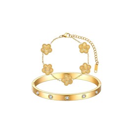 Gkaopi 2 Pieces 18K Gold-Plated Four Leaf Clover Bracelet Gold Stainless Steel Cubic Zirconia Clover Bangle Jewellery Set Adjustable Lucky Clover Jewellery Set for Women and Girls, Metal