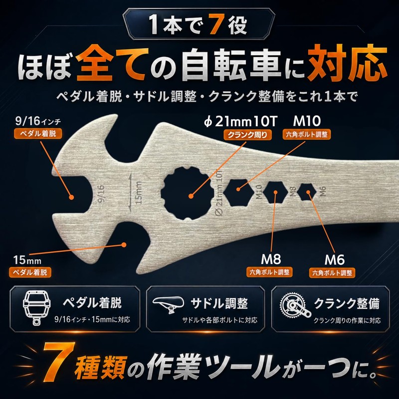 Pedal Wrench for Bicycles, 0.6 inch (15 mm), Hex Wrench,