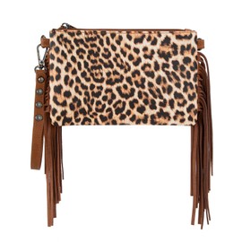 Montana West Western Fringe Mini Crossbody Bag Leopard Print Vintage Cowhide Hair on Clutch Handbags Cowgirl Leather Shoulder Purse with Leather Fringe Tassel MW1217-1812LP-BR