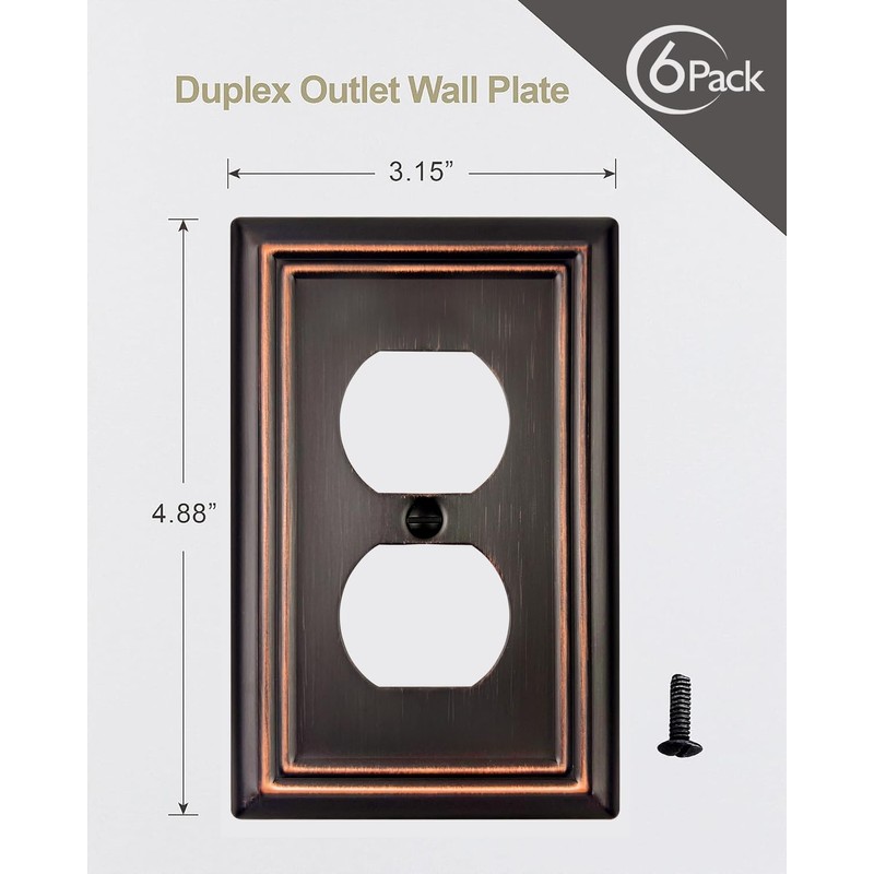 ZILLSEA 6-Pack Duplex Wall Plates, Aged Bronze Outlet Covers, Metal