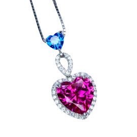 Pink Sapphire Double Heart Necklace - 18kgp @ sterling Silver - Blue Topaz Jewelry - 16" 20" adjustable Chain