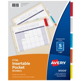 Avery Insertable Dividers with Pockets, 5 Tab Dividers for 3 Ring Binders, Manila Paper, Multicolor Tabs, Works with Sheet Protectors, 1 Set (81009)