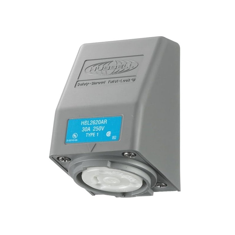 Hubbell HBL2620AR Locking Safety Shroud Receptacle, L6-30R, Angled Surface Mount,