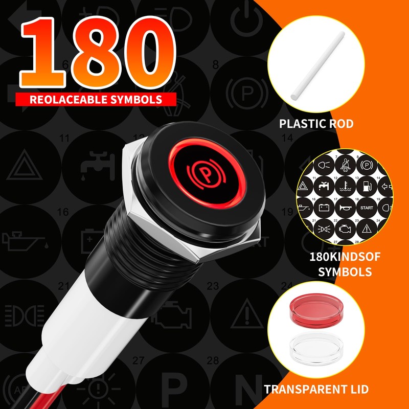 FILN 2PCS 10mm Small Symbols Indicator Light 12V DC IP67