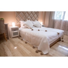 KENZADI Moroccan Handmade Pompom Blanket, Throw Blanket, Pom Pom Blanket, Boho Blanket, Bed Cover, Warm Blanket, Cozy Blanket (White with pom Brown, Queen (U.S. Standard))