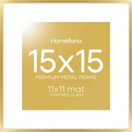 Homeforia Gold Picture Frames 15x15, Premium Brass 15x15 Frame with 11x11 Mat, Tempered Glass, Wall Hook Included, Set of 1