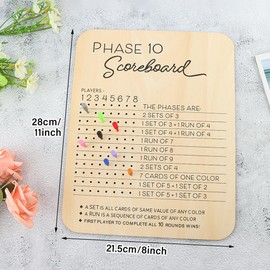 iayokocc Phase 10 Score Board, 2025 New Wooden Phase 10 Scoreboard and Round Tracker with 8 Colored Pegs, Funny Table Board Card Game Accessories for Board Games Family Party Game Night(Color:Wood)