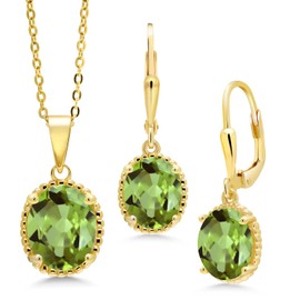 Gem Stone King 18K Yellow Gold Plated Silver Oval Green Peridot Pendant and Earrings Jewelry Set for Women (6.60 Cttw, Gemstone Birthstone, with 18 Inch Chain)
