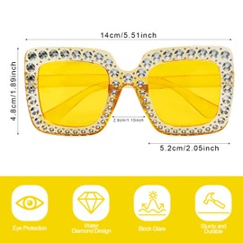 Lotsdonxia Rhinestone Square Sunglasses Large Frame Crystal Sunglasses Dazzling Costume Accessories for Parties, Festivals, and Glamorous Outfits (Yellow)