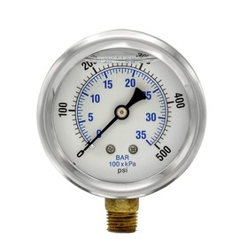 PIC Gauges PRO-201L-254J 0-500 PSI Pressure Gauge, 2 1/2" Dial, 1/4" Male NPT Connection, Bottom Mount, Dual Scale, Glycerin Filled, Stainless Steel Case/Bezel, Brass Internals & Plastic Lens