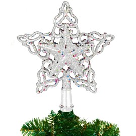 party greeting 6.3 Inch Christmas Star Tree Topper Snowflake Glitter Xmas Tree Topper Star Treetop Ornament Metal Hollow Designed for Christmas New Year Holiday Tree Decorations (Silver)
