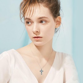 HARMONY BOLA Turquoise Cross Necklace for Women 925 Sterling Silver 12 Months Birth Flowers Cross Pendant Turquoise Jewellery Mother's Day for Mother, Sterling Silver