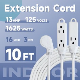 GreenProsper 10 Ft Flat Plug Extension Cord, 16 AWG 3 Prong Grounded Low Profile Extension Cable,3 Outlet Extension Wire for Indoor, White
