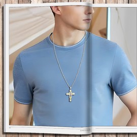 JUNOVUROS 20 to 28 Inches Rolo&Byzantine Chain 316L Stainless Steel Mens Cross Necklace with Large&Medium Sizes with Silver Gold Black