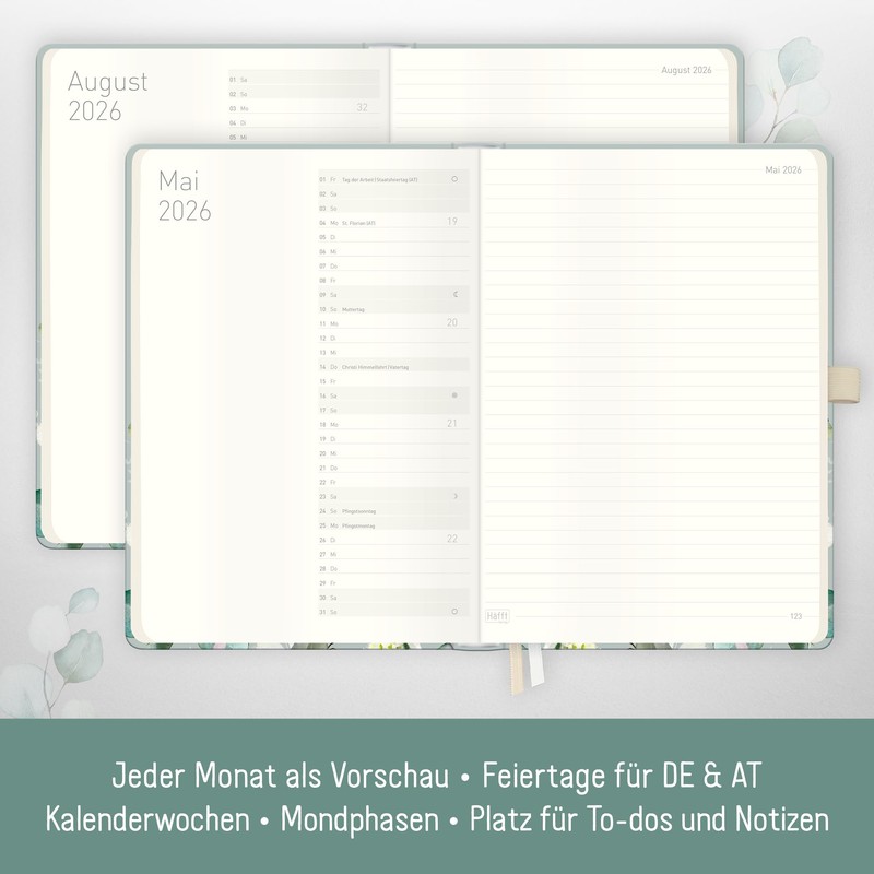 Häfft® Wochen-Notiz-Kalender 2026 A5 "Minty Leaves" Buchkalender, Planer Notiz-Timer, Terminplaner,
