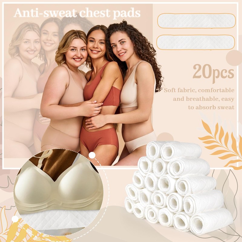 Pack of 20 Bra Sweat Pads, Layered Washable Rectangular Cotton