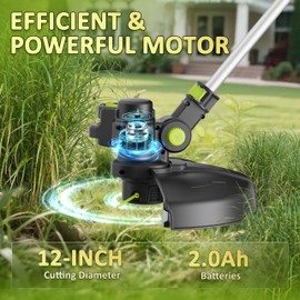 20V Cordless String Trimmer, 2.0Ah Battery Powered with Fast Charger, 12'' Grass Cutter with Auto Line Feed, 2-in-1 Electric Lawn Mower Grass Trimmer&Edger Lawn Tool with 8 Pcs Lines for Yard, Garden