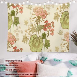 Batmerry Floral Tapestry, Green Foliage Pink Geranium Flower Wall Art Hanging Decoration Polyester Fiber White Ruffled Around For Dorm Room Bedroom Living Room, 35 X 47 Inches