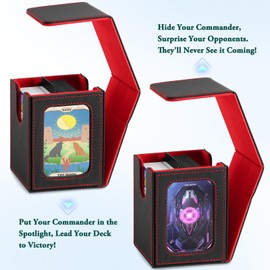 CardNovux Card Deck Box with Commander Display, Storage Box Holds 100+ Double Sleeved Cards, Game & Sports Case with 2 Dividers, 1 Top Loader and 1 Dice Bag (Red)