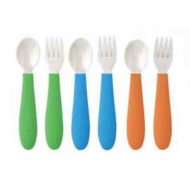 Elk and Friends Kids Silverware with Silicone Handle | Childrens Safe Flatware | Toddler Utensils | Baby Spoons + Forks | Stainless Steel Cutlery