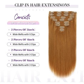 Ailiceehr Remy Hair Extensions clip ins Hair Etensions for Women #30 Ginger Brown Double Weft Natural Hair Extensions Straight 8Pcs Soft and Thick 16inch 80g