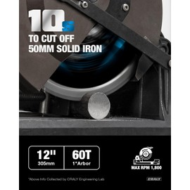 CRALY 12 Inch 60 Teeth Steel and Ferrous Metal Cutting Circular Saw Blade, 1 Inch Arbor, Thin Kerf, Professional Carbide Tipped Blade for Angle Iron, Threaded Rod, EMT Conduit(C1260MC)